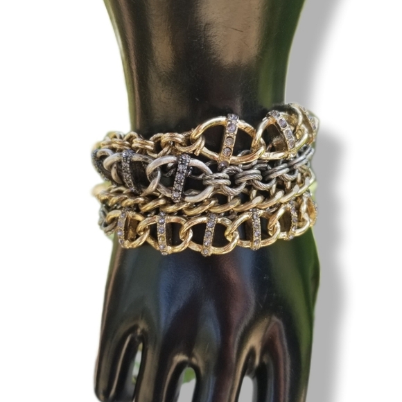 Vintage Jewelry - VINTAGE GOLD & SILVERTONE MULTICHAIN WITH RHINESTONES STATEMENT BRACELET